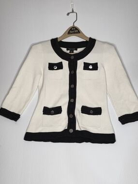 White House Black Market Chanel Style Contrast Knit Cardigan Jacket Ivory Black